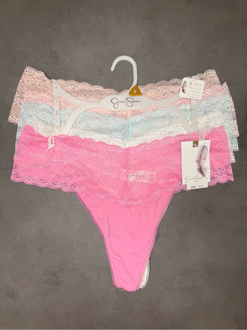 Jessica Simpson Lace Thong 5-Pack - Pink, Light Blue, Cream